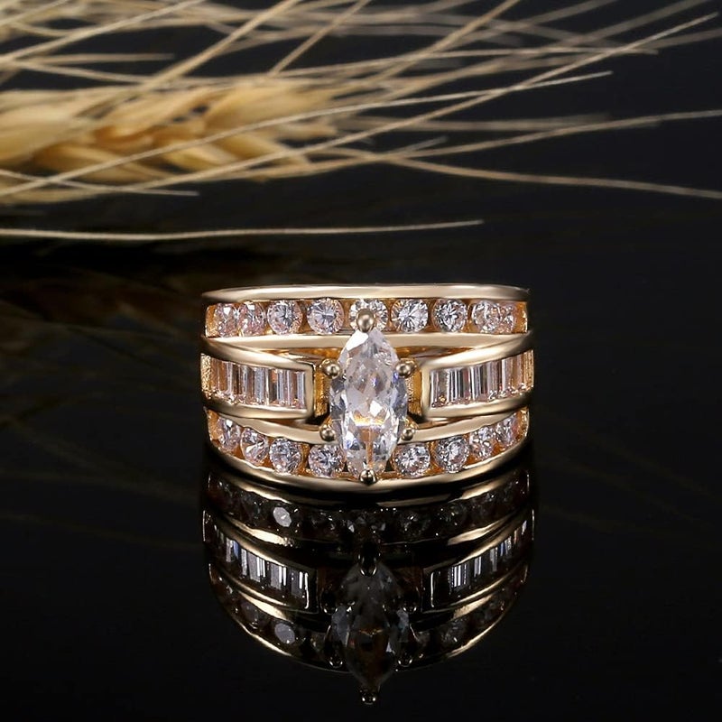 Hsitgexf Wedding Ring Set for Women 14K Gold Plated Marquise Cut CZ Engagement Rings Bridal Set Anniversary Promise Wideband Rings for Her - Image 5